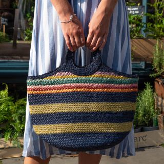 Navy Jute Bag with Round Handles & Golden Stripes by Peace of Mind
